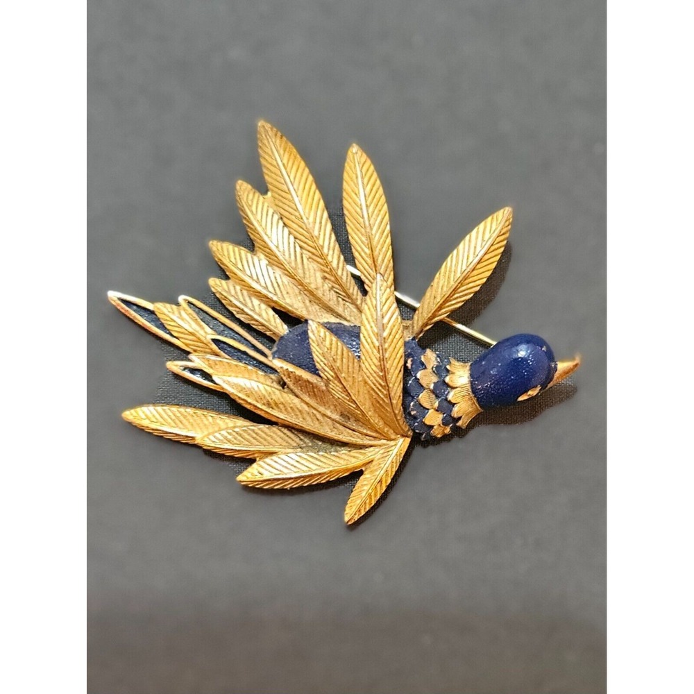 Vintage St Labre Bird Brooch Gold Tone Feathered Blue Cabochon Statement Jewelry